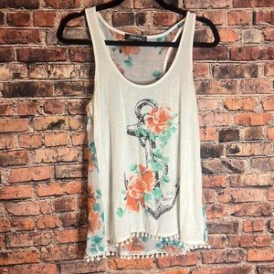 Women’s XS tank top with sheer back. Fringe bottom w/anchor and flower print.
